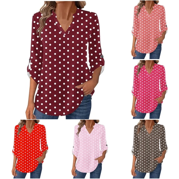TASICA Pink Womens Quarter Button Tops Casual Polka Dots Printed Pullover V Neck Long Sleeve Blouses Soft Breathable Loose Trendys Shirts for Work Daily
