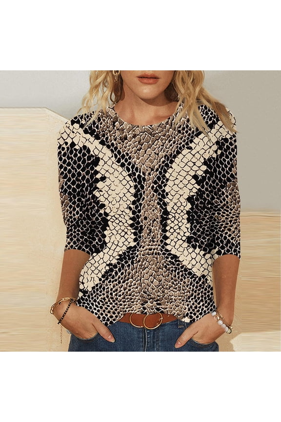 Plus Size Womens 3/4 Length Sleeve Tops Crewneck Snake Print Blouses Casual Soft Breathable Tops Loose Fits Lightweightss Fashion Shirts for Work Daily