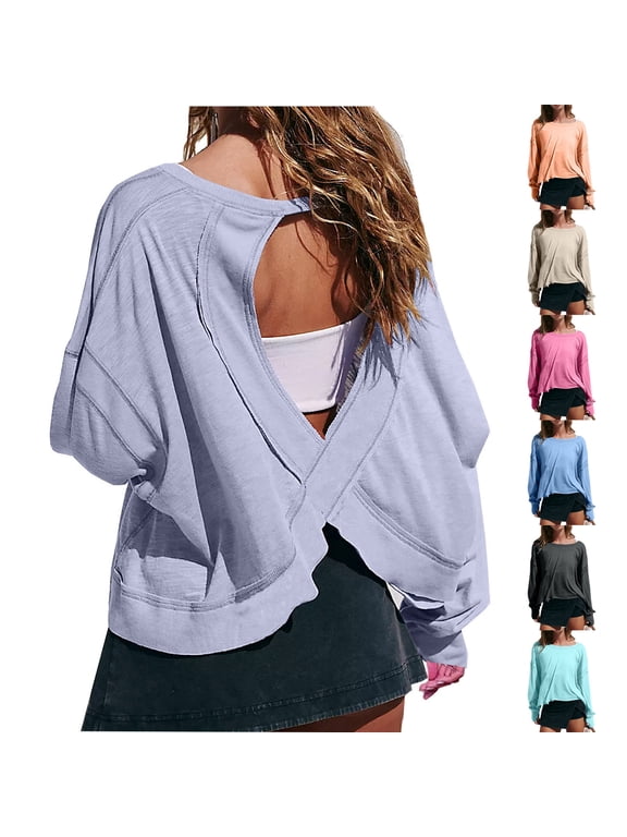 Purple Women Open Back Tops Backless Crossovers Going Out Blouses Solid Color Round Neck Pullover Casual Long Sleeve Blouses Soft Breathable Fashion Tops