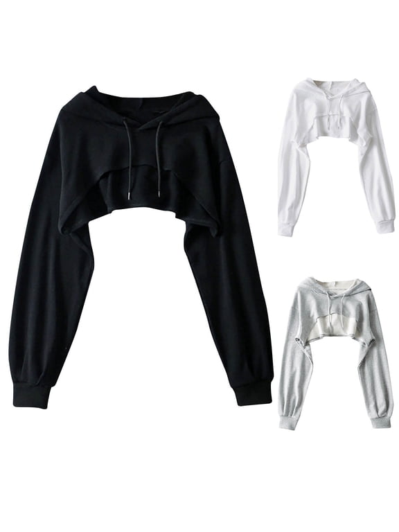 Saving Women Super Crop Hoodies Long Sleeve Sweatshirt Crewneck Casual Drawstring Tops Solid Workout Gym Blouses Soft Breathable Lightweights Hoodies