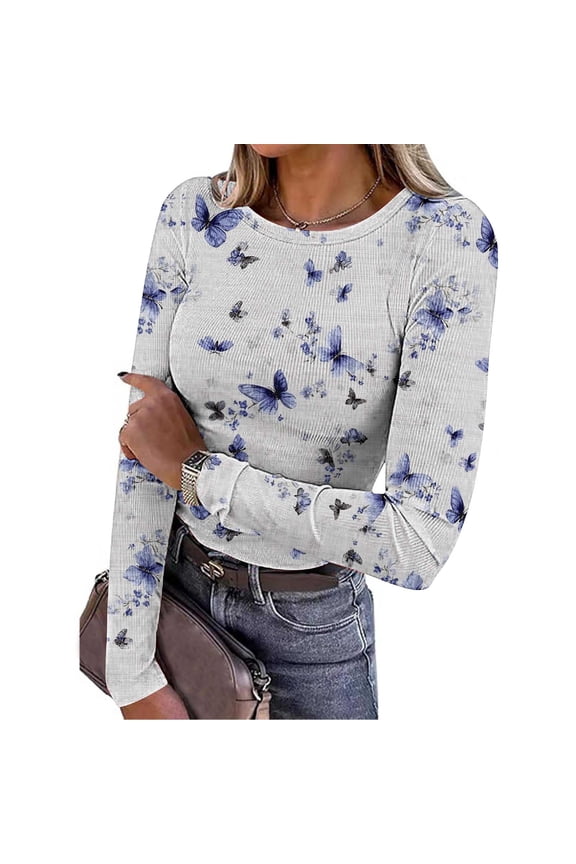 Sky Blue Womens Knitted Print Tops Casual Long Sleeve Pleated Blouses Round Neck Stretch Pullover Soft Breathable Wrinkle Free Tops for Work Daily