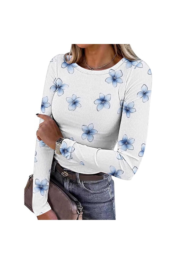 White Womens Floral Knitted Print Tops Casual Long Sleeve Pleated Blouses Round Neck Stretch Pullover Soft Breathable Wrinkle Free Tops for Work Daily
