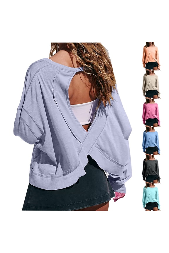 Women Open Back Tops Backless Crossovers Going Out Blouses Solid Color Round Neck Pullover Casual Long Sleeve Blouses Soft Breathable Fashion Tops