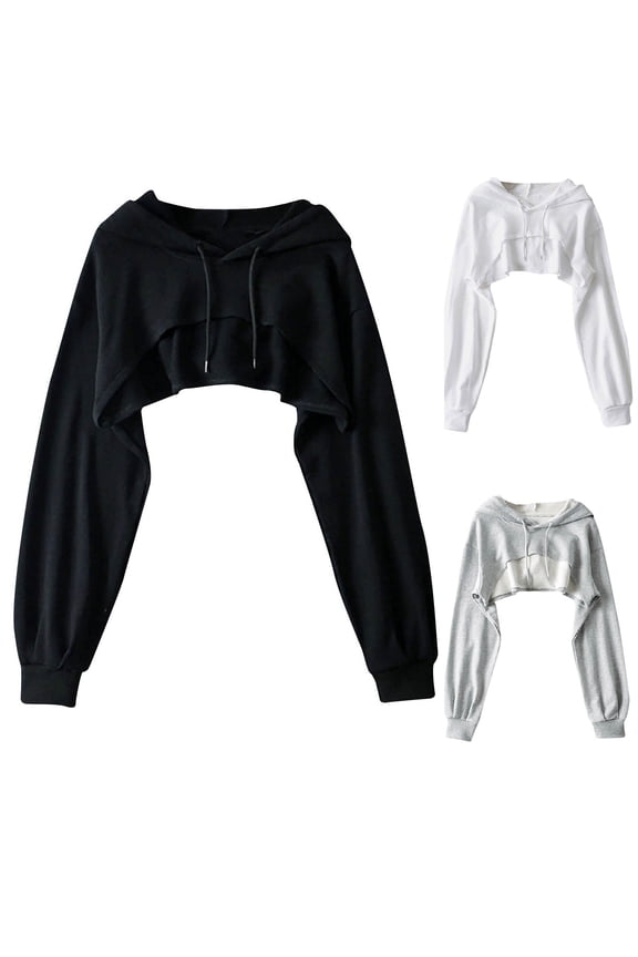 Women Super Crop Hoodies Long Sleeve Sweatshirt Crewneck Casual Drawstring Tops Solid Workout Gym Blouses Soft Breathable Lightweights Hoodies