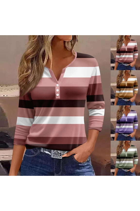 Women’s 3/4 Length Sleeve Tops Solid Color Striped Button Pullover Casual V Neck Blouses Soft Breathable Loose Fashion Shirts for Work Daily
