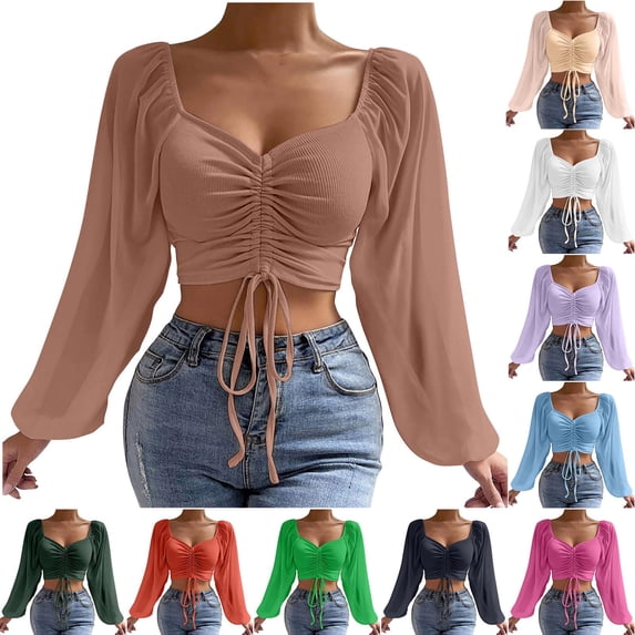 TASICA Women's Crop Tops V Neck Mesh Front Ruched Blouses Long Sleeve Solid Color Drawstring Tops Soft Lightweightss Cool Blouses 2026 Trendys Clothe
