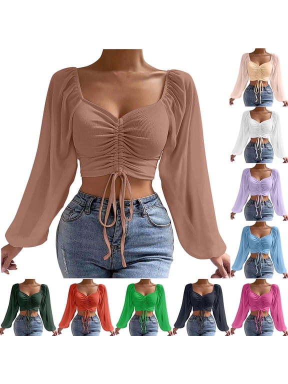 Women's Crop Tops V Neck Mesh Front Ruched Blouses Long Sleeve Solid Color Drawstring Tops Soft Lightweightss Cool Blouses 2026 Trendys Clothe
