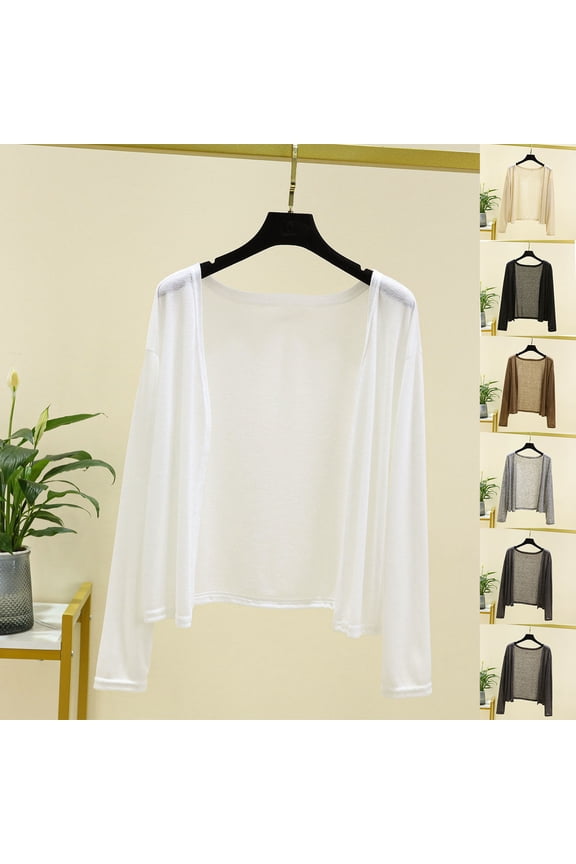 Women's Sun Protection Tops Summer Crewneck Solid Color Blouses Casual Thin Long Sleeve Tops Loose Front Open Knitted Blouses Outdoor Quicks Dry Shirts Lightweightss Fashion