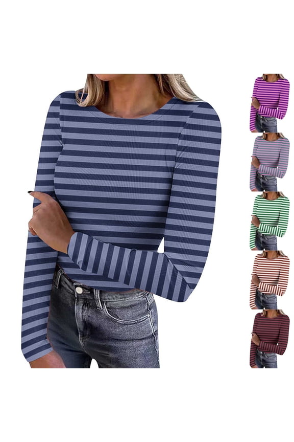 Womens Striped Oversized Tops Round Neck Knitted Print Pullover Casual Long Sleeve Stretch Blouses Wrinkle Free Soft Breathable Tops for Work Daily