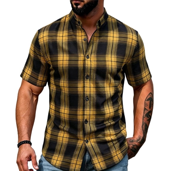 TASICA Yellow Mens Plaid Short Sleeve Shirts Button Down Tops Stand Collar Wrinkle Free Blouses Soft Breathable Summer Lightweight Fashion Shirt Quick Dry