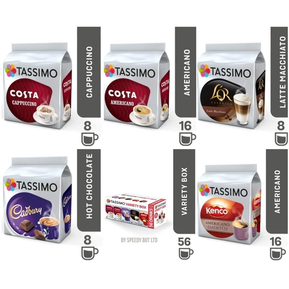 TASSIMO T Discs Pods Coffee Latte Cappuccino Americano Cadbury Hot Chocolate Variety Box Set 56 Cups Drinks