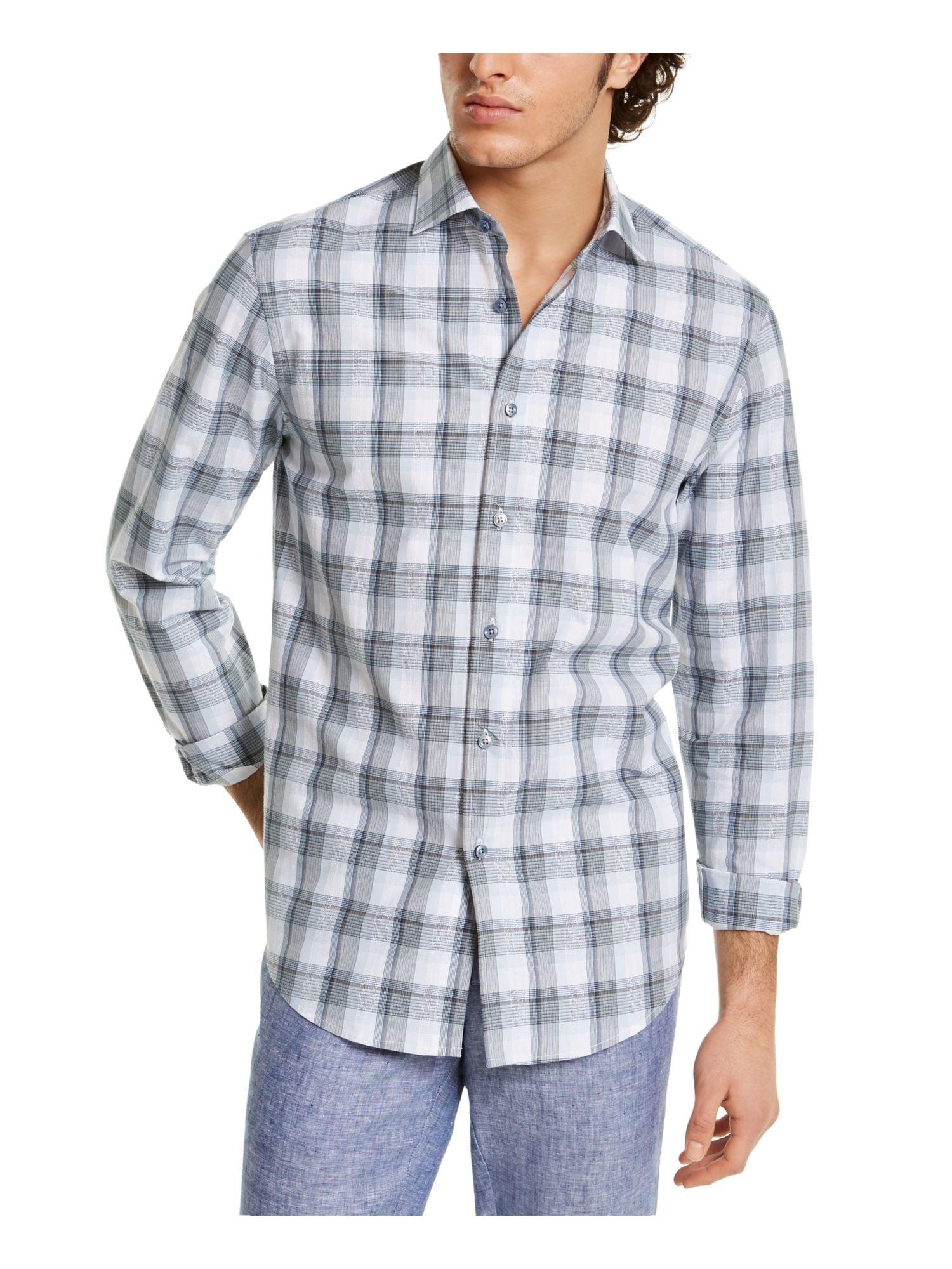 TASSO ELBA Mens Blue Plaid Collared Classic Fit Cotton Dress Shirt S