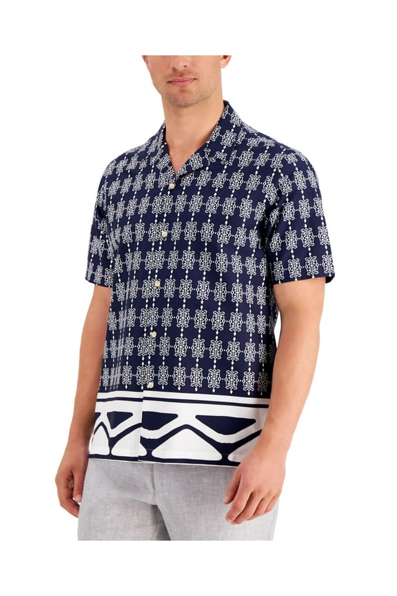 Mens Mediana Navy Geometric Spread Collar Button Down Shirt XL