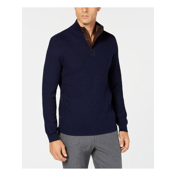 TASSO ELBA Mens Navy Herringbone Collared Full Zip Sweatshirt S