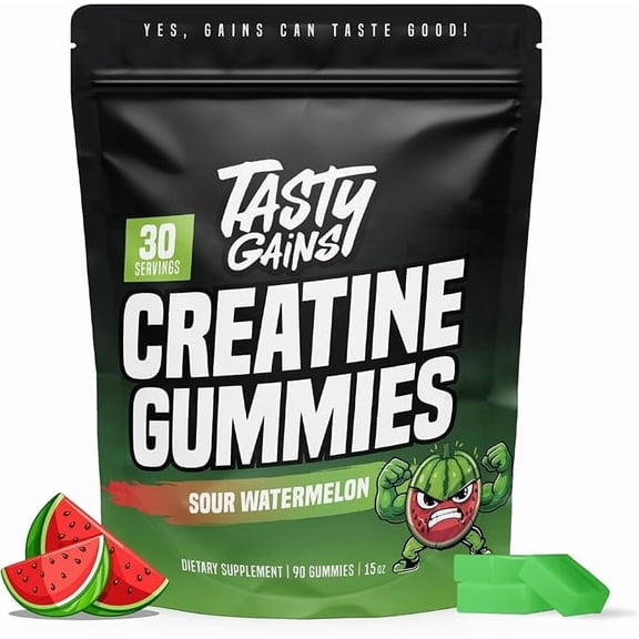 TASTY GAINS Creatine Gummies, 90g of Creatine, Non-GMO, Vegan - Build Muscle & Boost Strength for Men & Women (3g Creatine Monohydrate Per Gummy) Made in USA (90, Sour Watermelon)