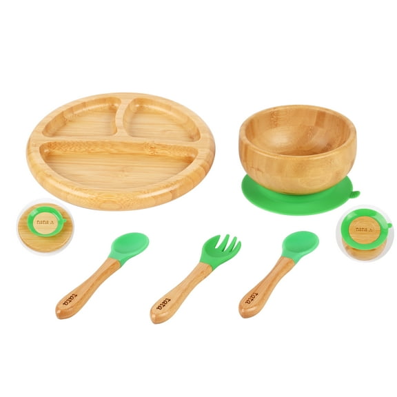 TATA AMG ® Baby Bamboo Plate and Bowl Set with Spoons and Fork, Silicone Suction Plate and Bowl Set for Toddlers - Baby Led Weaning Bamboo Feeding Set - BPA Free