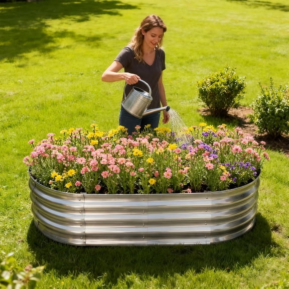 TATAANTY Galvanized Raised Garden Bed for Outdoor: 4X2X1ft  Metal Vegetable Plant Container Kit - Oval Planter Box for Gardening Flower Trough （2 Pack）