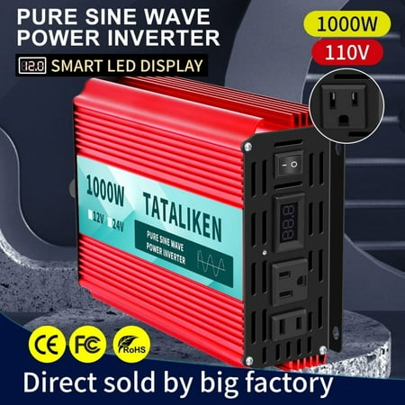 TATALIKEN 1000 Watts 2000 Watts Pure Sine Wave Power Inverter DC 12V to AC 110V/120V Car Inverter with 2 AC Outlets for Power Tools Home Vehicles RV Truck, LCD Display