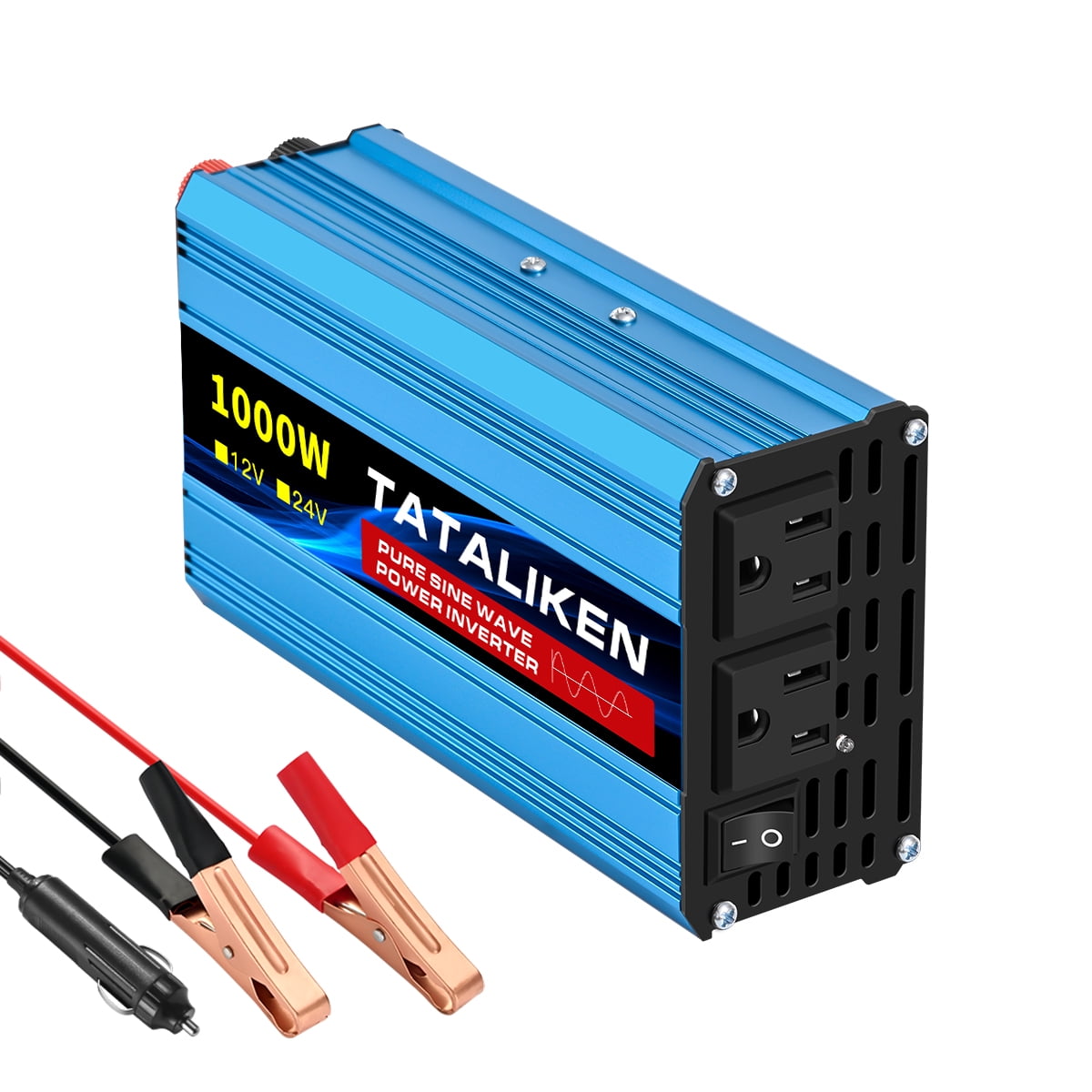 TATALIKEN 1000W（Rating power 400 W）Pure Sine Wave Power Inverter DC 12V to AC 110V/120V Car Inverter with Battery Clamp Cable 2 AC Outlets for Power Tools Home Vehicles RV Truck, LCD Display Blue