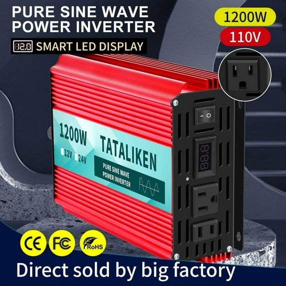 TATALIKEN 1200 Watts 2400 Watts Pure Sine Wave Power Inverter DC 12V to AC 110V/120V Car Inverter with 2 AC Outlets for Power Tools Home Vehicles RV Truck, LCD Display
