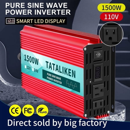 TATALIKEN 1500 Watts 3000 Watts Pure Sine Wave Power Inverter DC 12V to AC 110V/120V Car Inverter with 2 AC Outlets for Power Tools Home Vehicles RV Truck, LCD Display