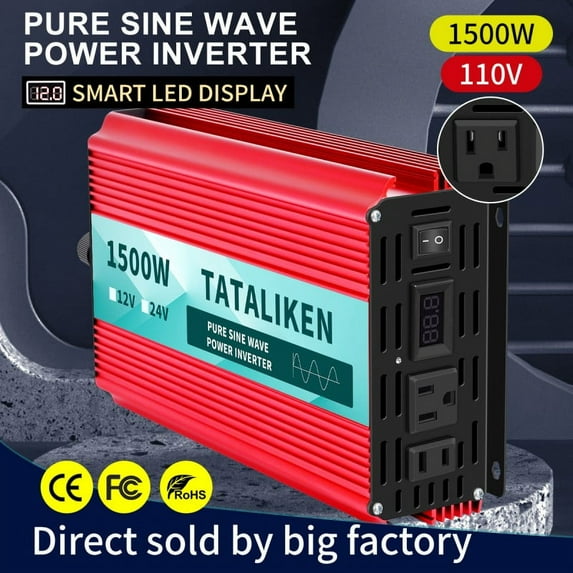 TATALIKEN 1500 Watts 3000 Watts Pure Sine Wave Power Inverter DC 12V to AC 110V/120V Car Inverter with 2 AC Outlets for Power Tools Home Vehicles RV Truck, LCD Display
