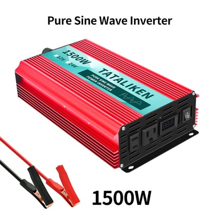 TATALIKEN 1500 Watts 3000 Watts Pure Sine Wave Power Inverter DC 24V to AC 110V/120V Car Inverter with 2 AC Outlets for Power Tools Home Vehicles RV Truck, LCD Display