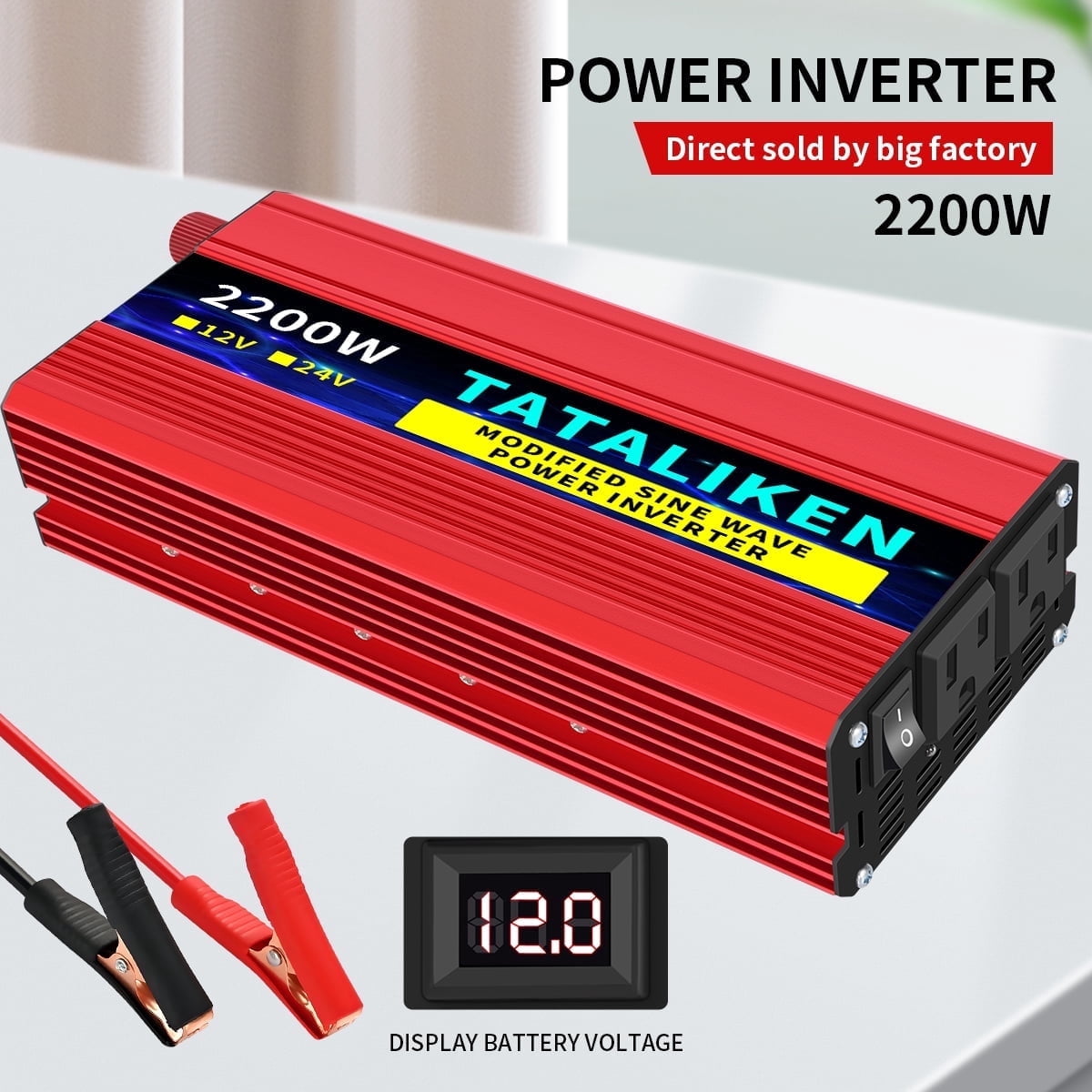 TATALIKEN 2200W（Rating power 1000W）Power Inverter DC 12V to AC 110V/120V Car Inverter with Battery Clamp Cable 2 AC Outlets for Power Tools Home Vehicles RV Truck, LCD Display