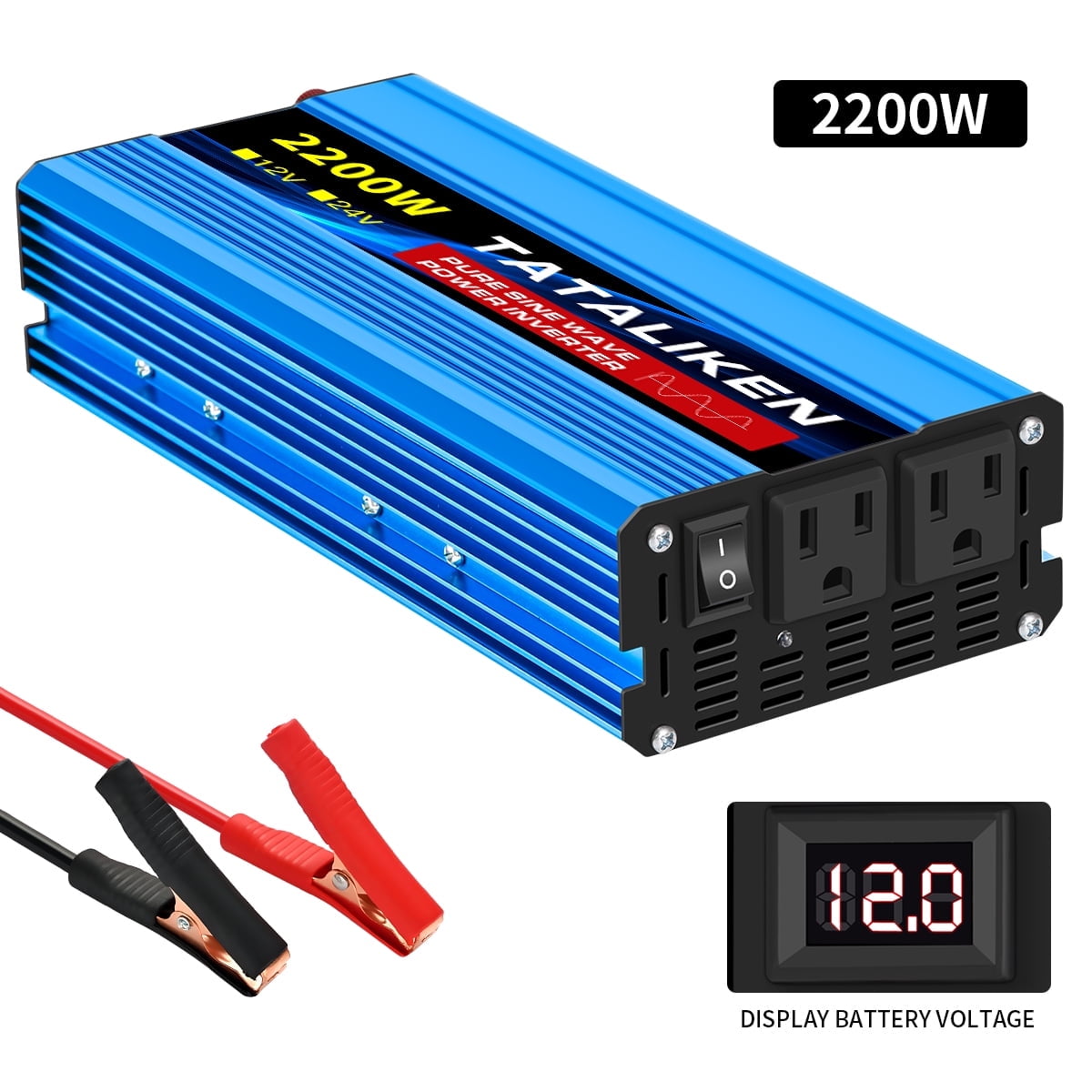 TATALIKEN 2200W（Rating power 1000 W）Pure Sine Wave Power Inverter DC 12V to AC 110V/120V Car Inverter with Battery Clamp Cable 2 AC Outlets for Power Tools Home Vehicles RV Truck, LCD Display Blue