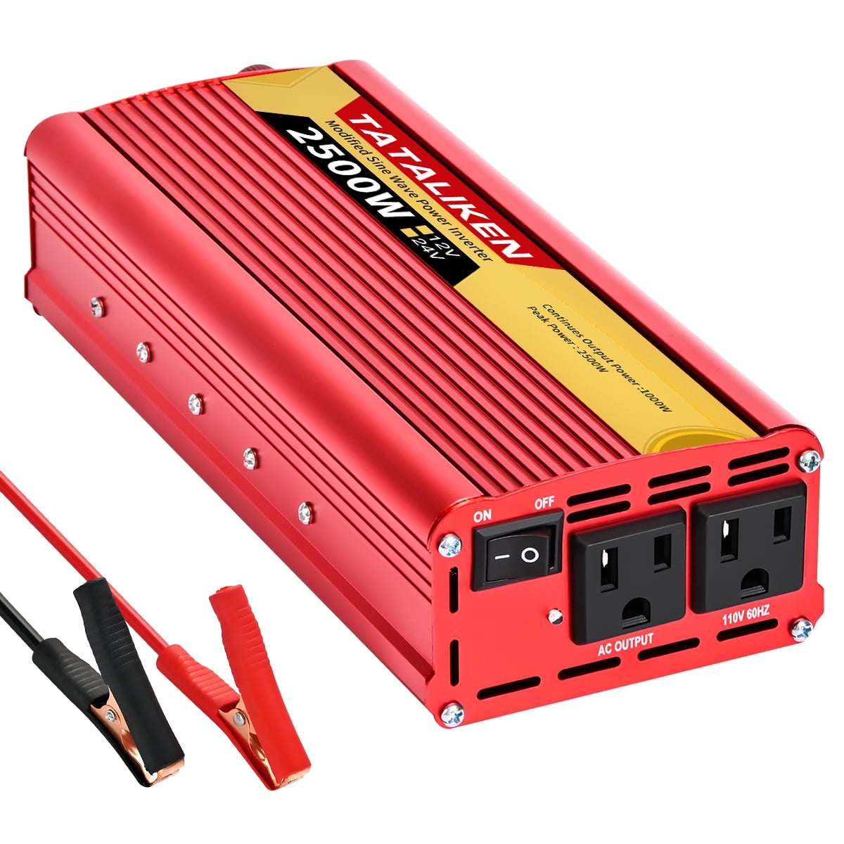 TATALIKEN 2500W（Rating power 1000 W）Power Inverter DC 12V to AC 110V/120V Car Inverter with Battery Clamp Cable 2 AC Outlets for Power Tools Home Vehicles RV Truck,Red