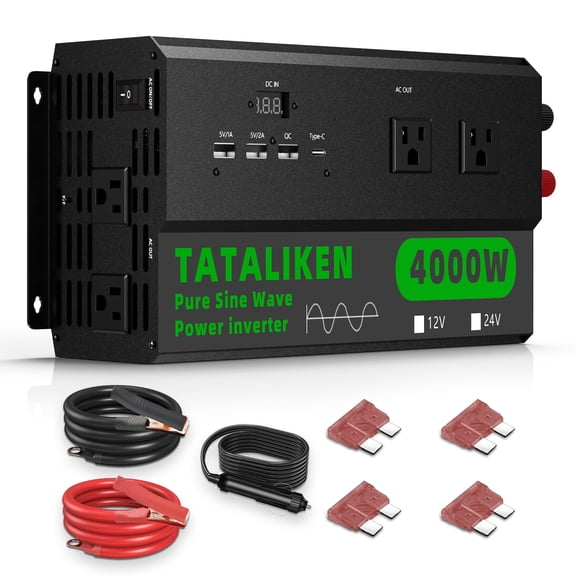 TATALIKEN 4000 Watt Pure Sine Wave Inverter , 12v DC to 110V/120V AC Converter Power Inverter for RV, Truck, Home, Solar, Camping, CPAP with 4 AC Outlet & 4 USB (18W QC & PD), LCD Display