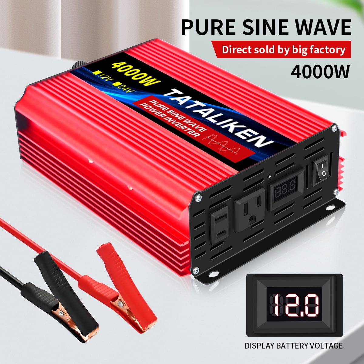 TATALIKEN 4000W（Rating power 1200 W）Pure Sine Wave Power Inverter DC 12V to AC 110V/120V Car Inverter with Battery Clamp Cable 2 AC Outlets for Power Tools Home Vehicles RV Truck, LCD Display Red