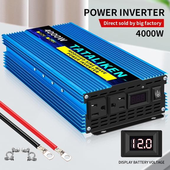 TATALIKEN 4000W(Rating power 1500 W)Power Inverter DC 12V to AC 110V/120V Car Inverter with 2 Cable 2 AC Outlets for Power Tools Home Vehicles RV Truck, LCD Display Blue