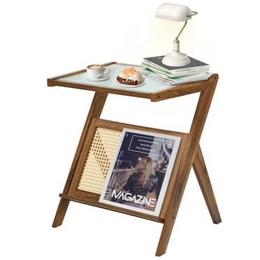 TATOZA Rattan Side Table - Wooden End Table with Glass Top, Perfect Bohemian Style Nightstand for Living Room, Bedroom, and Small Spaces(Walnut Large)