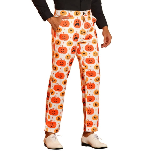 INSPIRE CHIC Funny Printed Pants for Men's Pumpkin Pattern Halloween Christmas Costume Trousers 38 Orange Beige