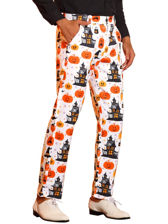 Funny Printed Pants for Men's Pumpkin Pattern Halloween Christmas Costume Trousers 38 White Black