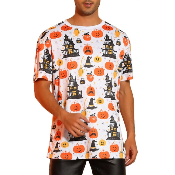 INSPIRE CHIC Halloween T-Shirts for Men's Short Sleeves Pumpkin Printed Graphic Tee Tops