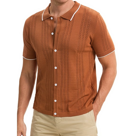 INSPIRE CHIC Men's Knit Shirt Button Down Short Sleeve Lightweight Casual Summer Knited Polo Shirts L Brown