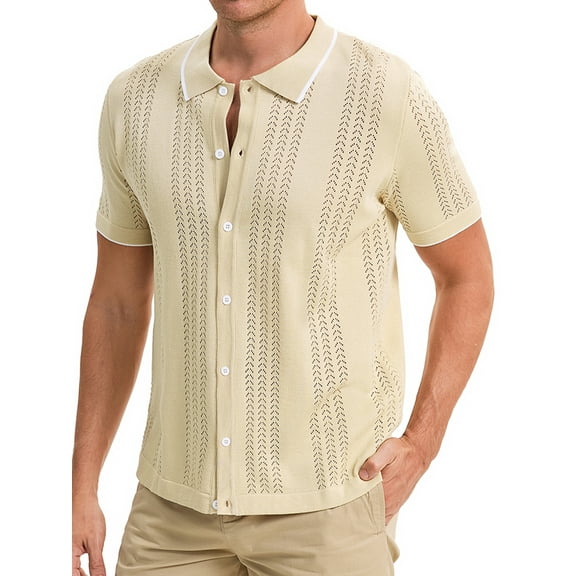 INSPIRE CHIC Men's Knit Shirt Button Down Short Sleeve Lightweight Casual Summer Knited Polo Shirts S Khaki
