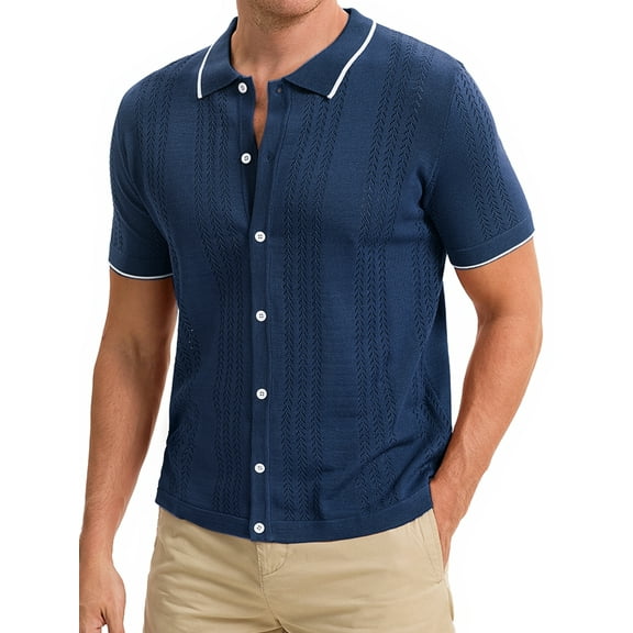 INSPIRE CHIC Men's Knit Shirt Button Down Short Sleeve Lightweight Casual Summer Knited Polo Shirts XL Navy Blue