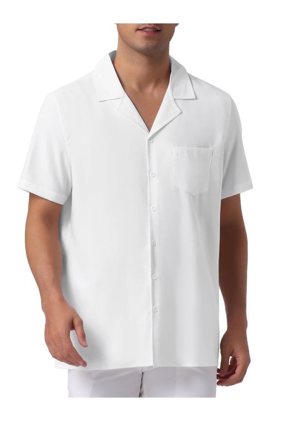 Men's Linen Shirts Camp Collar Short Sleeve Button Down Summer Beach Shirts S White