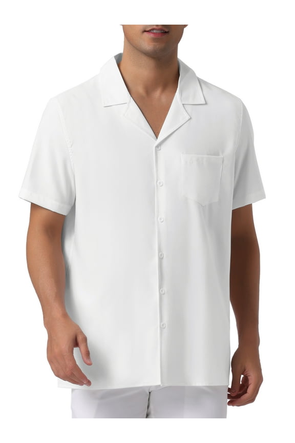 Men's Linen Shirts Camp Collar Short Sleeve Button Down Summer Beach Shirts XL White