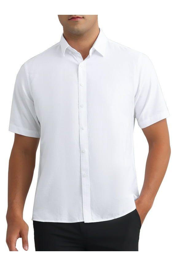 Men's Solid Dress Shirts Short Sleeve Cotton Regular Fit Button Down Formal Oxford Shirt L White