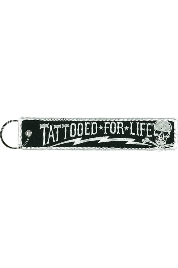TATTOOED FOR LIFE SKULL BOLT, FOB KEYCHAIN - Double Sided High-Quality Full Thread Embroidered Rayon Biker's Keychain - 1.25" x 6.2"