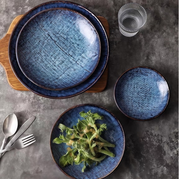 TAUFIKT 4pcs 8-inch Blue Cloth Round Deep Dish Set, Ceramic Plates for Home and Dining Rooms