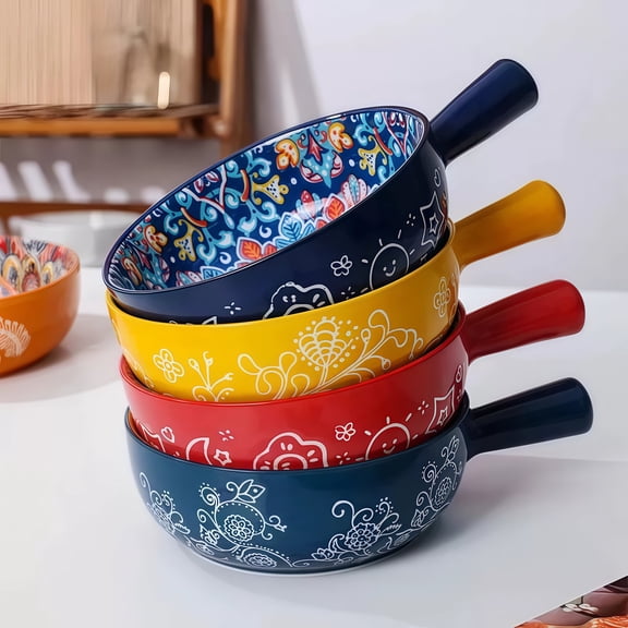 TAUFIKT 4pcs Ceramic Bowls with Handle, 18oz Porcelain French Onion Soup Bowl for Pasta, Beef Stews, Cereal, Bohemian