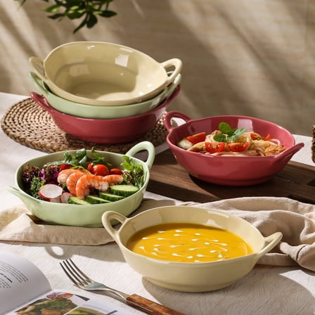 TAUFIKT Ceramic Soup Bowl with Handles, 17 oz French Onion Soup Bowls, Salad Bowls Serving Bowl Set of 6, 3 Colors Large Ceramic Crocks for Soup, Stew, Pasta, Cereal, Microwave Safe Oven Safe