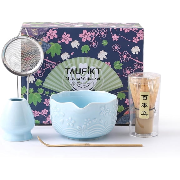 TAUFIKT Matcha Whisk Set, 5 Pcs Ceramic Matcha Set, Matcha Kit Set Includes Matcha Bowl, Matcha Whisk and Holder, Bamboo Scoop and Sifter, Matcha Tea Set, Ideal Gift for Family/Friend (Blue)