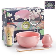 TAUFIKT Matcha Whisk Set 5 Pcs, Matcha Kit Set Includes Matcha Bowl, Matcha Whisk and Holder, Bamboo Scoop and Sifter, Ceramic Matcha Set, Matcha Tea Set, Ideal Gift for Family/Friend Pink