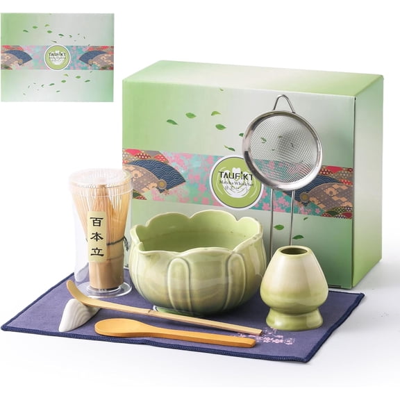 TAUFIKT Matcha Whisk Set, Ceramic Matcha Set 8 Pcs, Matcha Kit Set Includes Matcha Bowl, Matcha Whisk and Holder, Bamboo Scoop and Rest, Sifter and Tea Towel, Ideal Gift for Family/Friend (Green)